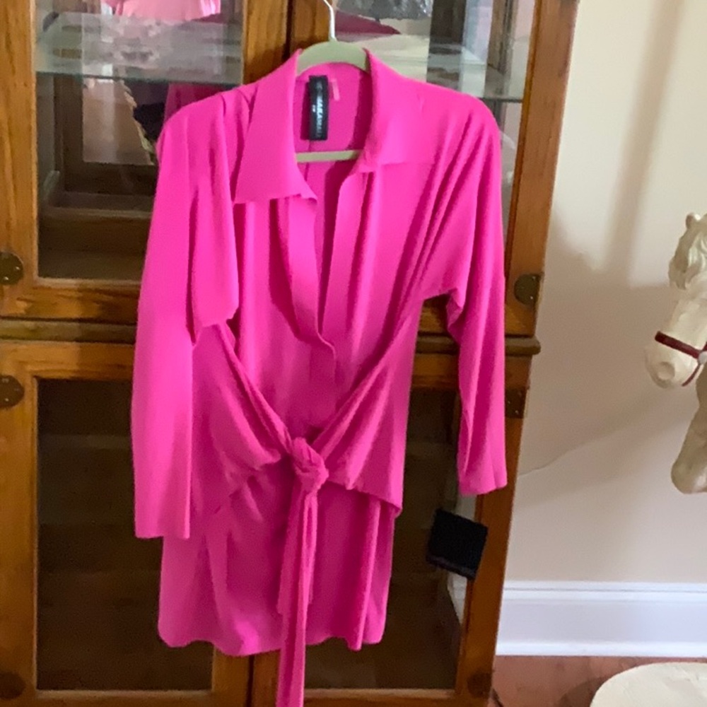 Vibrant Pink Long-Sleeve Dress with Belt